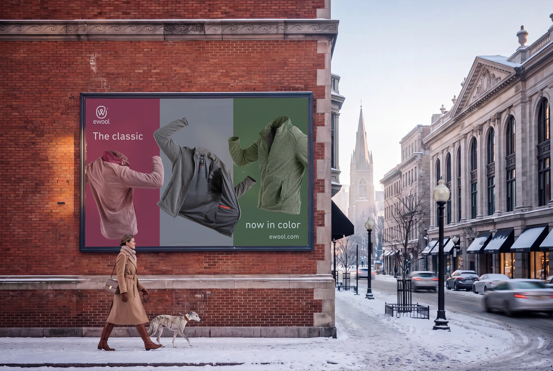 An ewool billboard on a brick wall along a snowy city street, showing heated jackets in pink, grey and green under the line The classic, now in color, as a woman walks past with her dog.