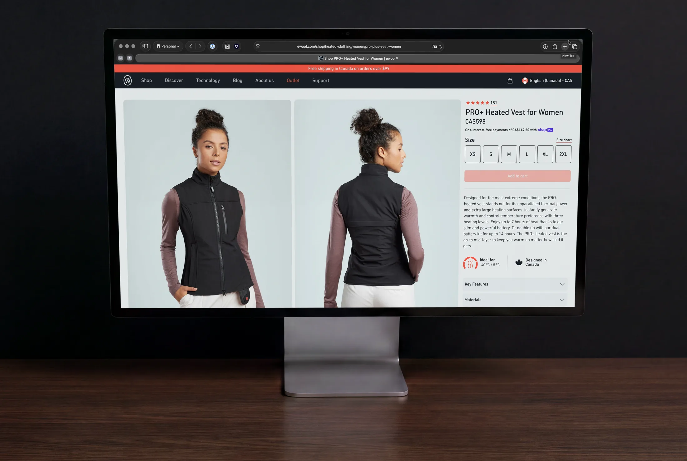 The ewool online store on a desktop display, showing the PRO+ heated vest for women with front and back photography, the size selector and the price.