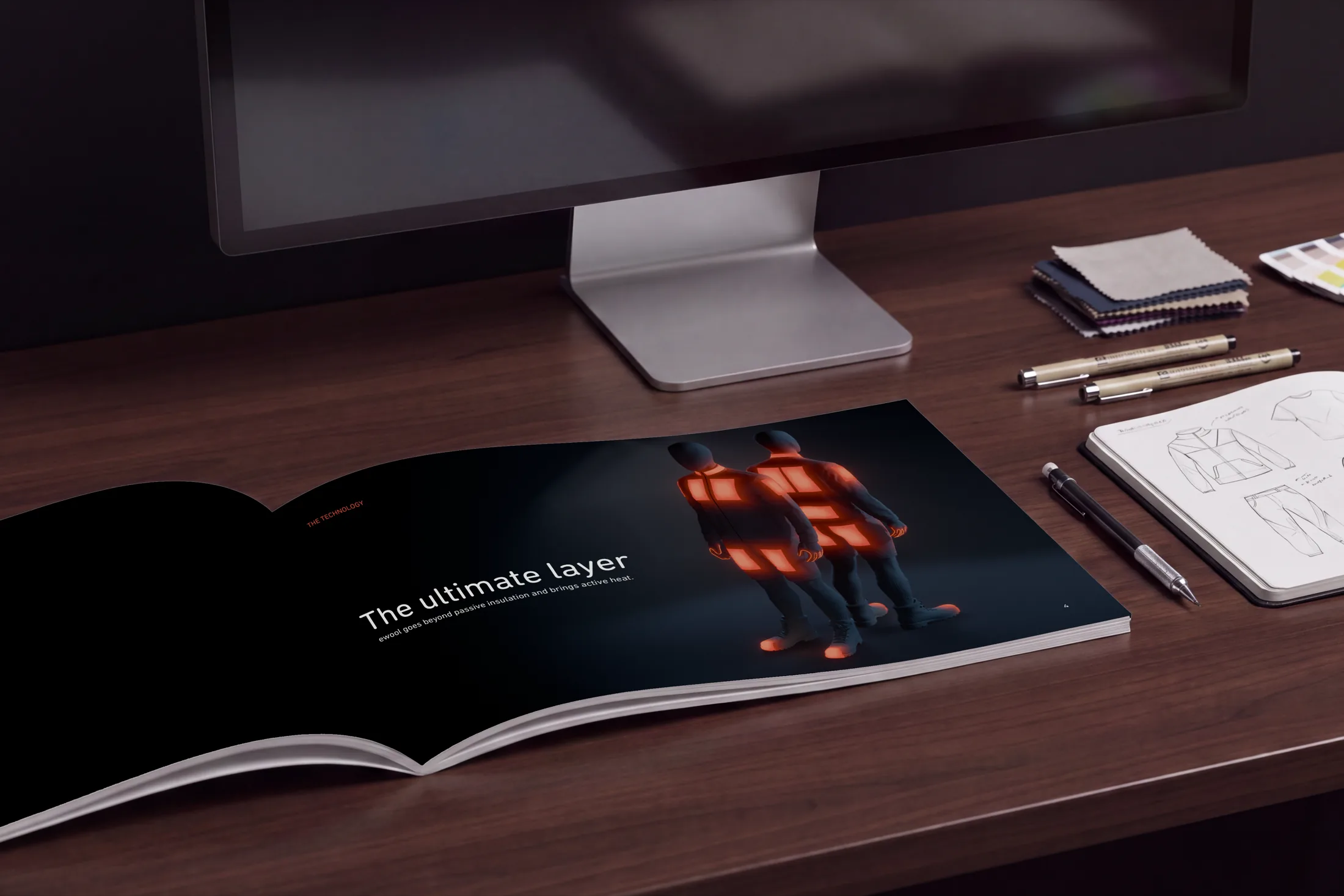 The ewool catalogue open on a desk to its technology spread, The ultimate layer, showing two figures with their heating zones lit orange across the back and chest.