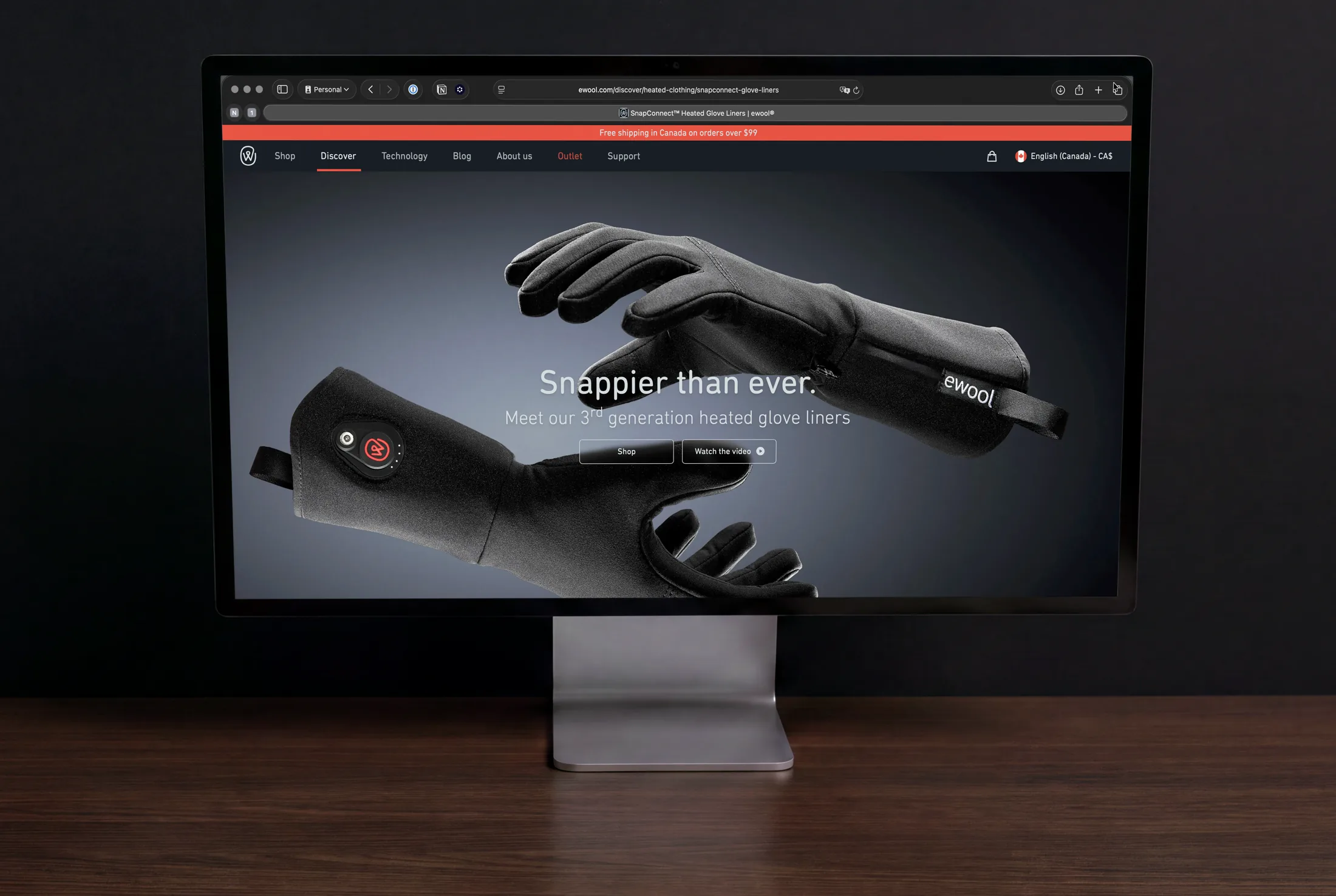 The ewool website on a desktop display, open on the snapConnect heated glove liners page under the headline Snappier than ever.