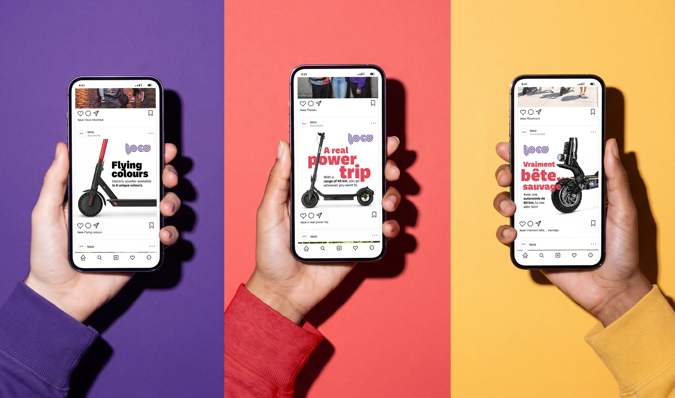 Three hands against violet, coral and yellow panels, each holding a phone playing a Loco ad in an Instagram feed: Flying colours, A real power trip, and Vraiment bête… sauvage.
