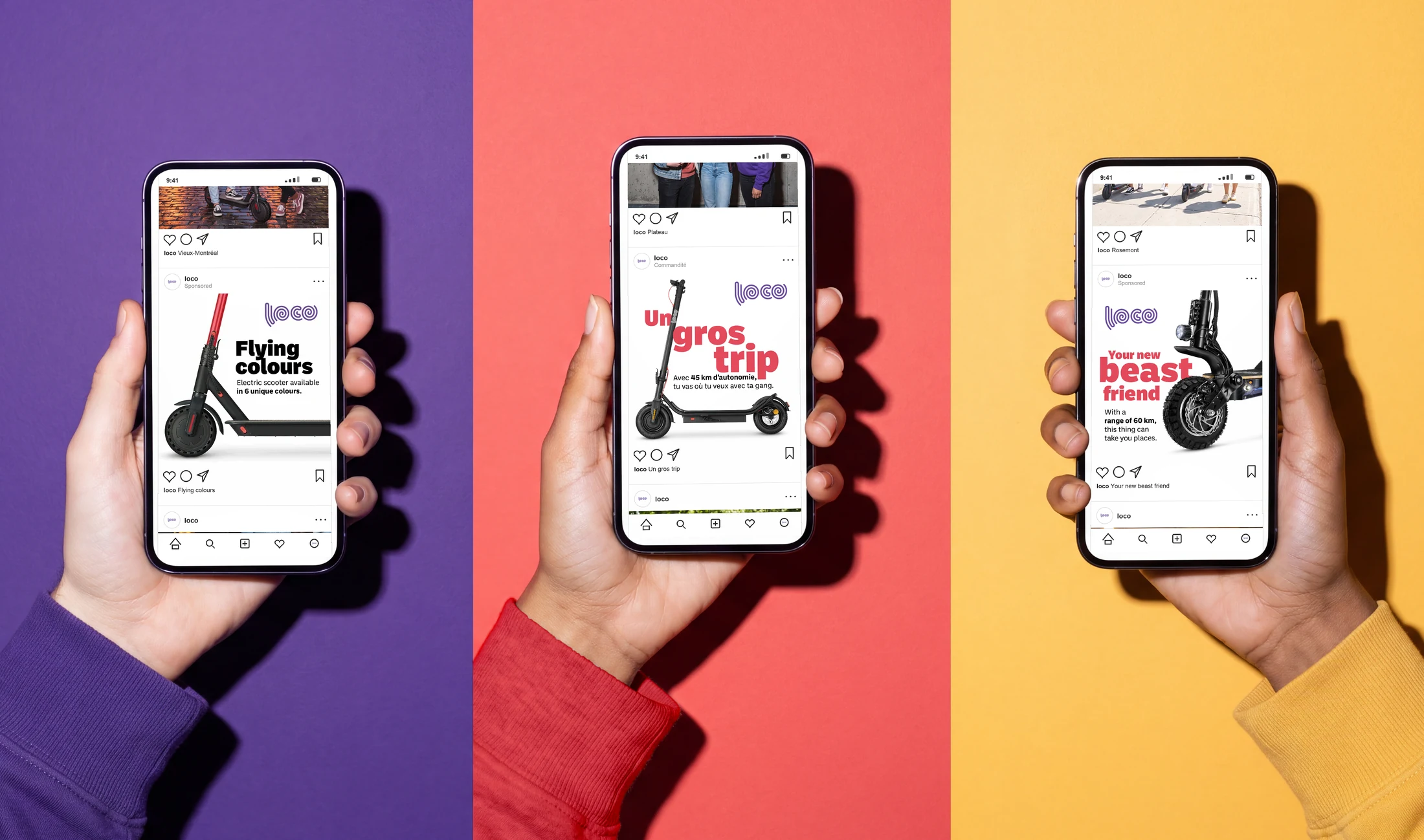 Trois mains devant des panneaux violet, corail et jaune, chacune tenant un téléphone où joue une publicité Loco dans un fil Instagram : « Flying colours », « Un gros trip » et « Your new beast friend ».