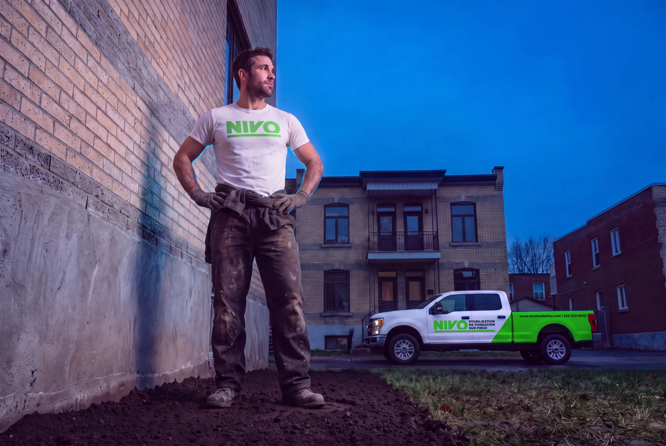 A worker in a white NIVO tee standing on freshly excavated earth against a brick foundation wall, the wrapped truck parked at the curb in front of a Montreal plex behind him.