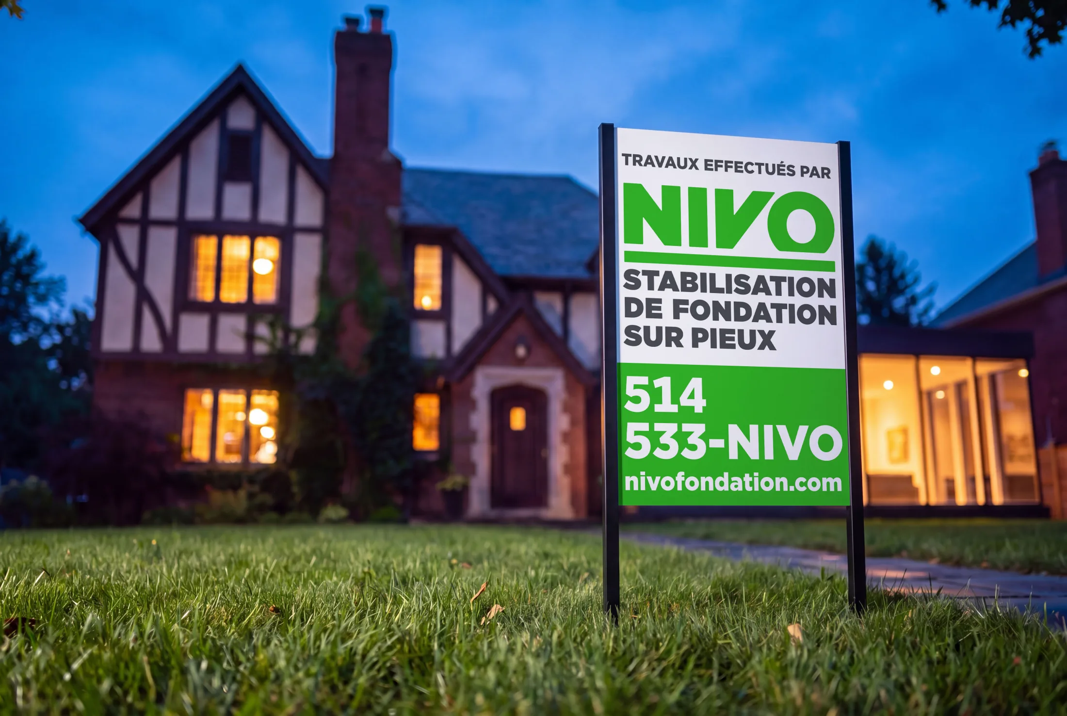 A NIVO lawn sign reading Travaux effectués par staked in the front grass of a lit Tudor house at blue hour, the phone number and web address on the green half of the panel.